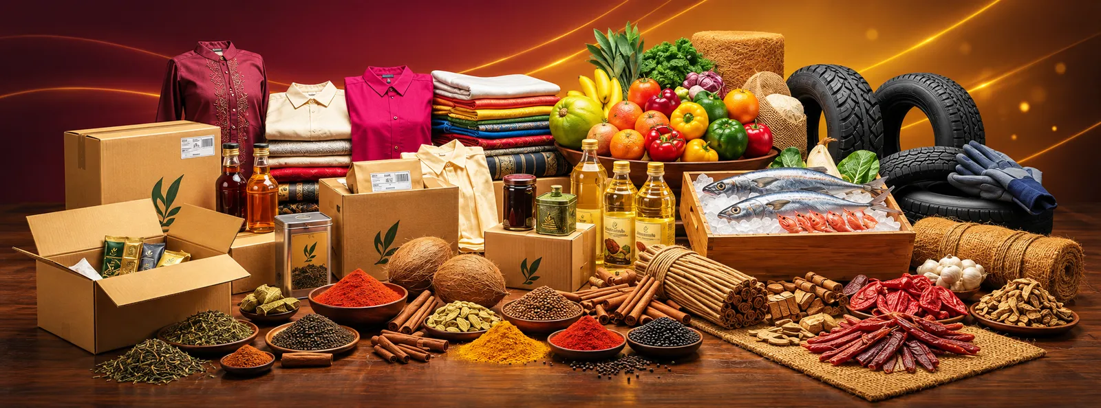 Garments, spices, tea, fruits, coconut products, seafood and rubber goods packed in cartons